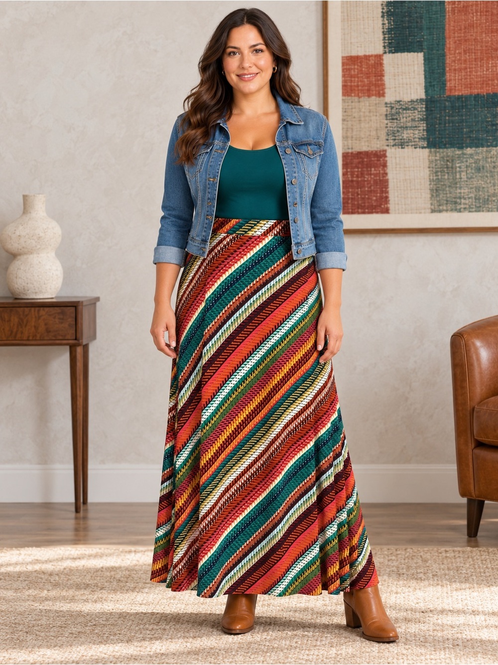 Y2K Vintage Multicolor Abstract Stripe Knit Maxi Skirt Boho A-Line 1X
